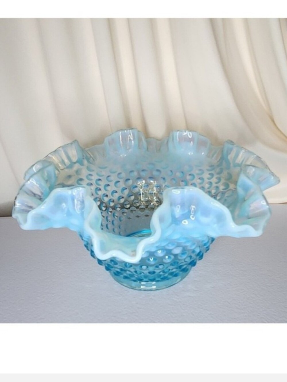 Fenton Blue Opalescent Hobnail Ruffled Glass Bowl